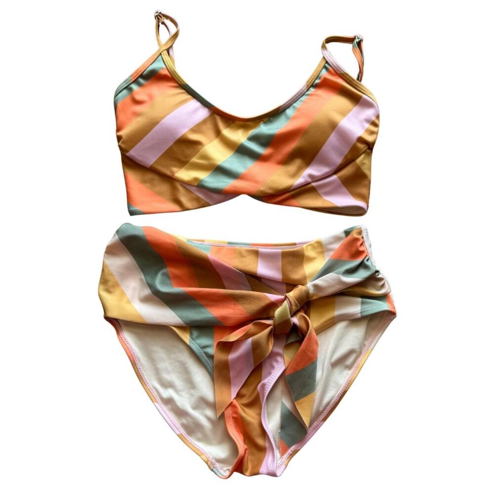 Striped High-Waist Bikini Set in Pastel Multi-Color